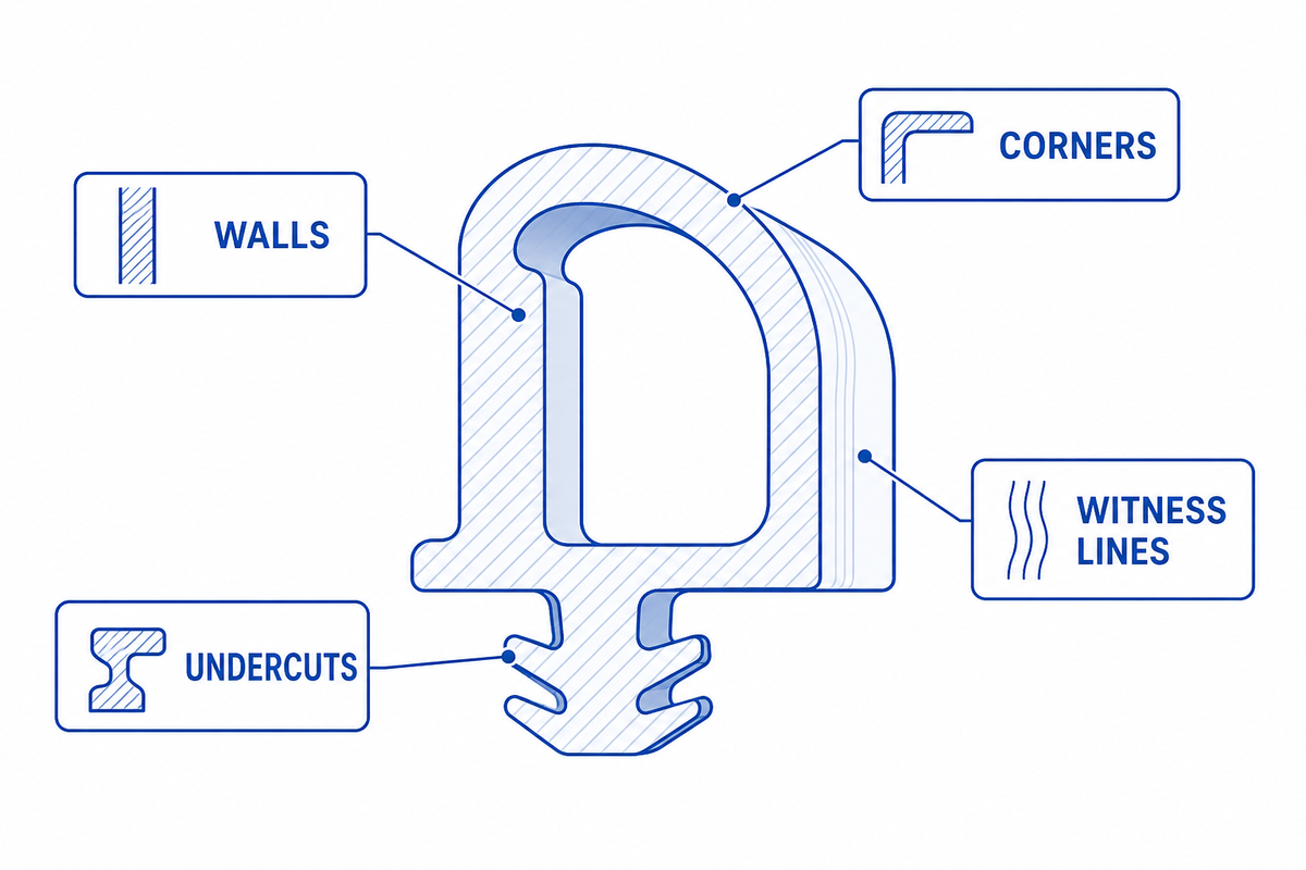 Moldable and inspectable silicone part geometry features.