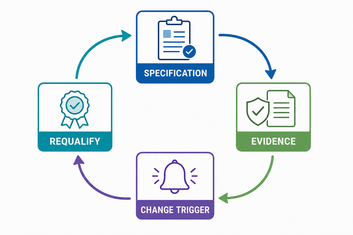 Controlled supplier-change and requalification framework.