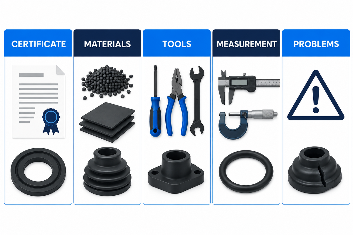 Rubber factory audit evidence covers certificate, materials, tools, measurement and problems