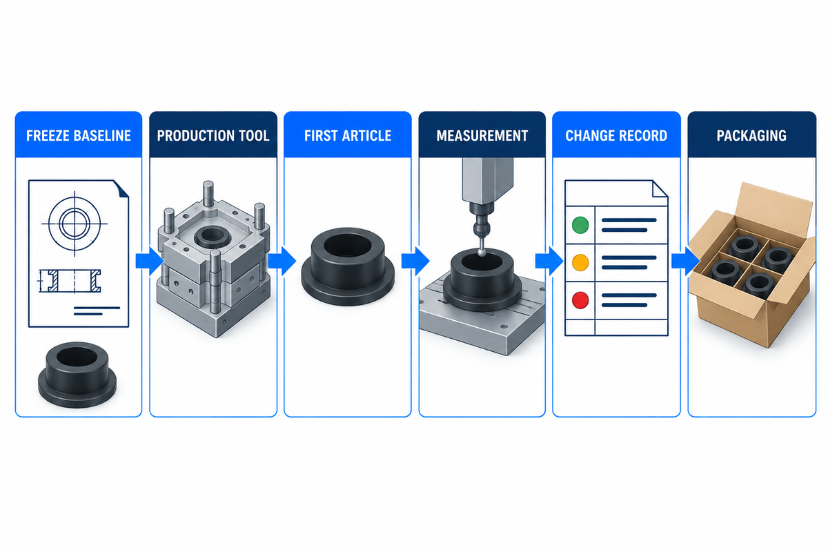 Prototype-to-production transfer freezes baseline, tooling, evidence, changes and packaging