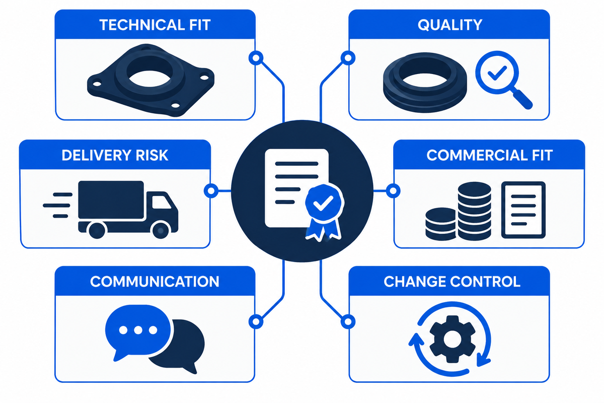 Rubber manufacturer scorecard compares technical fit, quality, delivery, commercial and change control