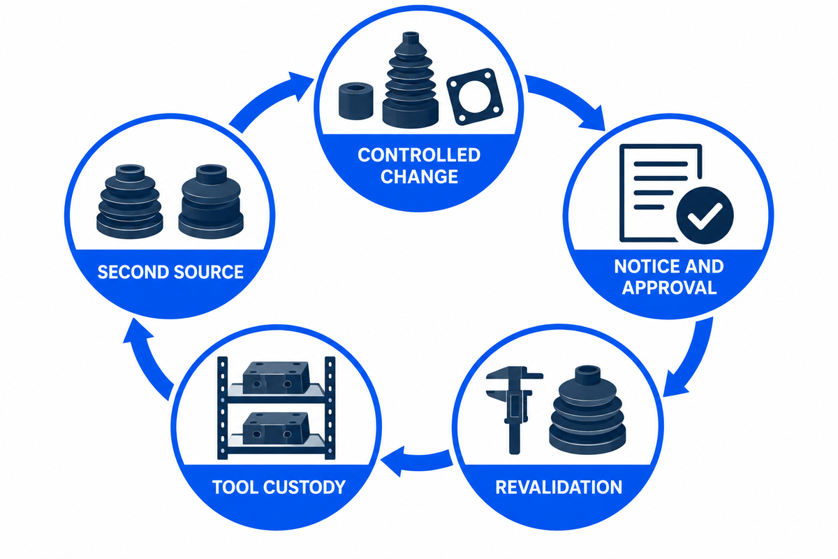 Supplier continuity loop covers change notice, revalidation, tool custody and second source