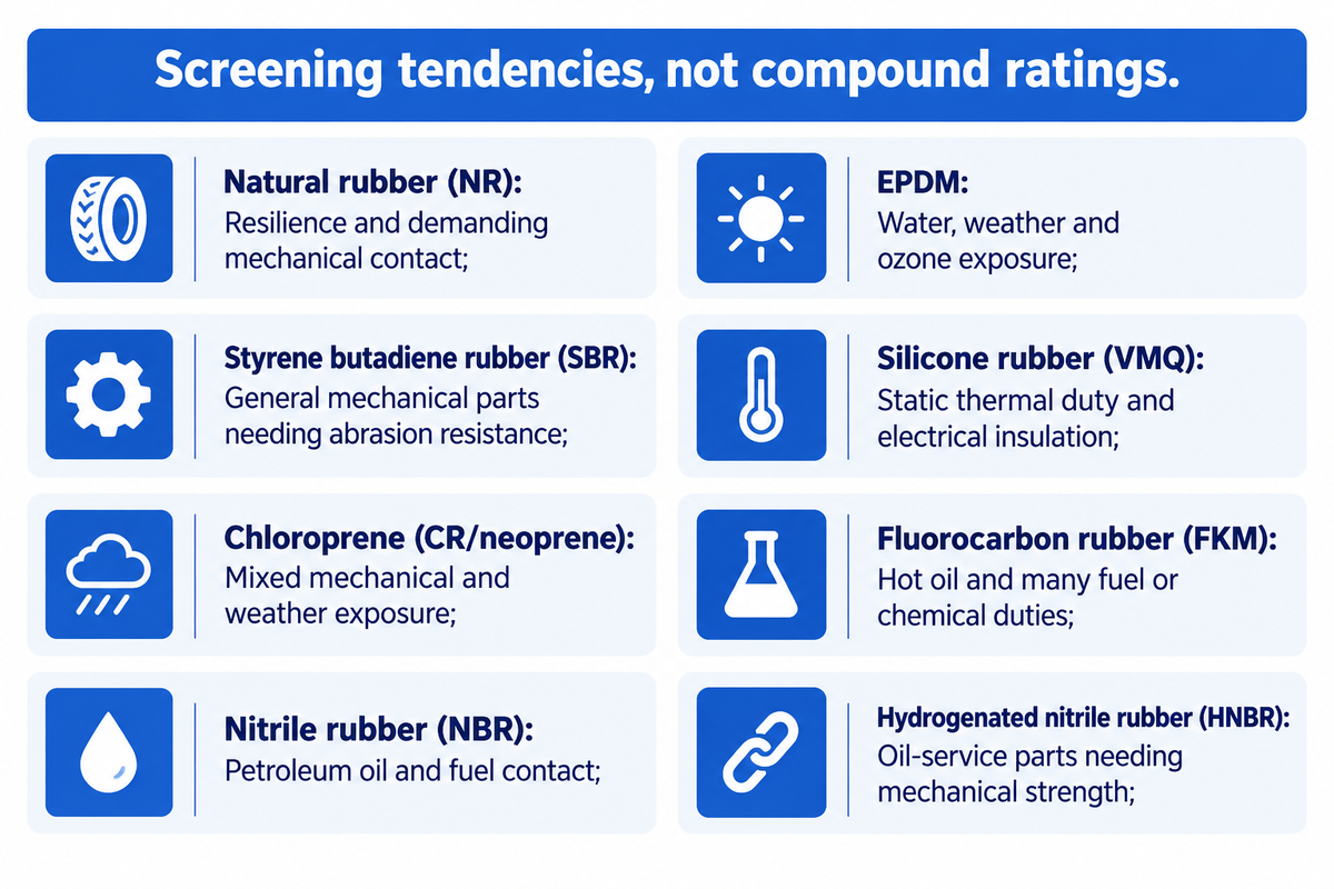 Eight rubber families offer different screening starting points; exact compound qualification remains necessary