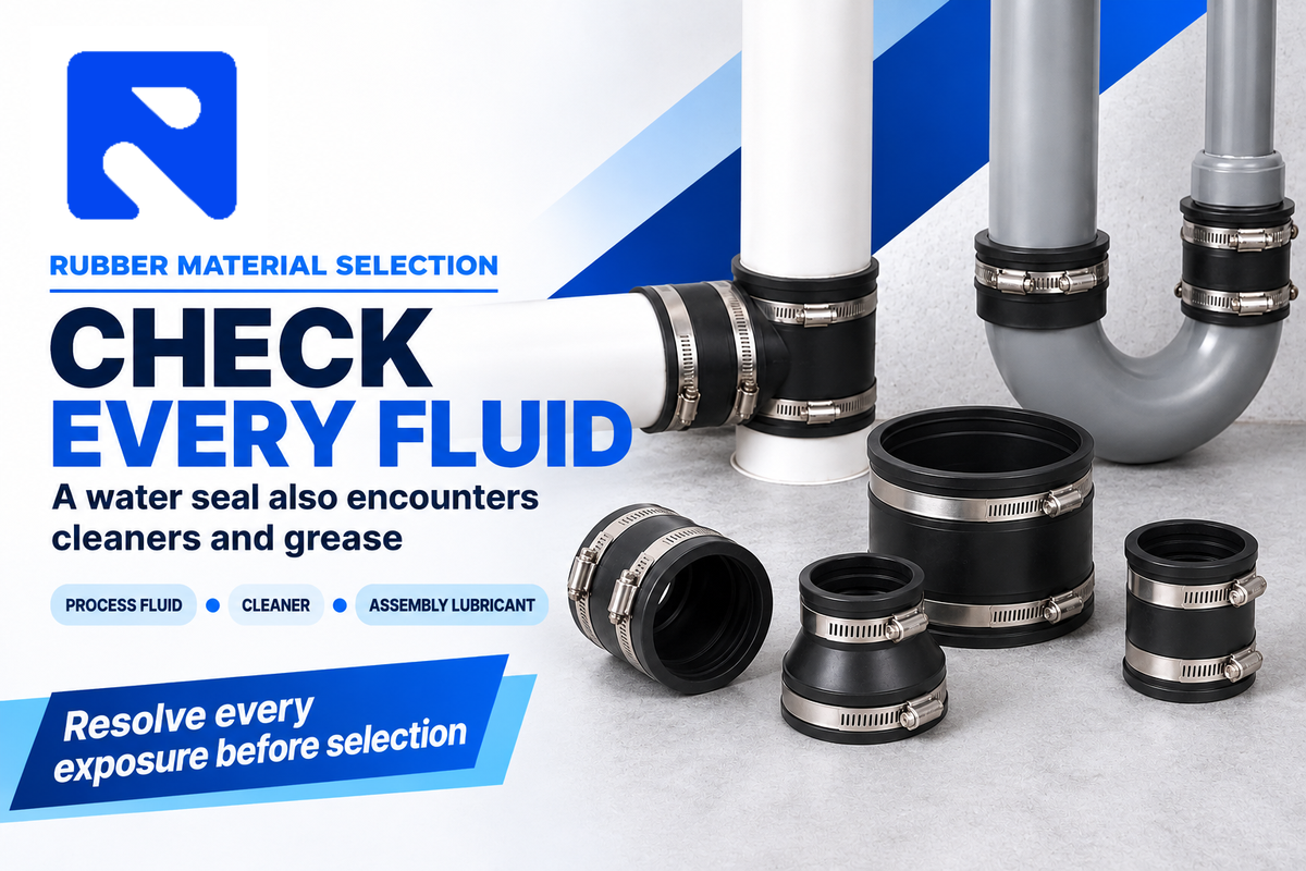 Chemical compatibility must cover process fluid, cleaning and installation lubricant before a compound advances