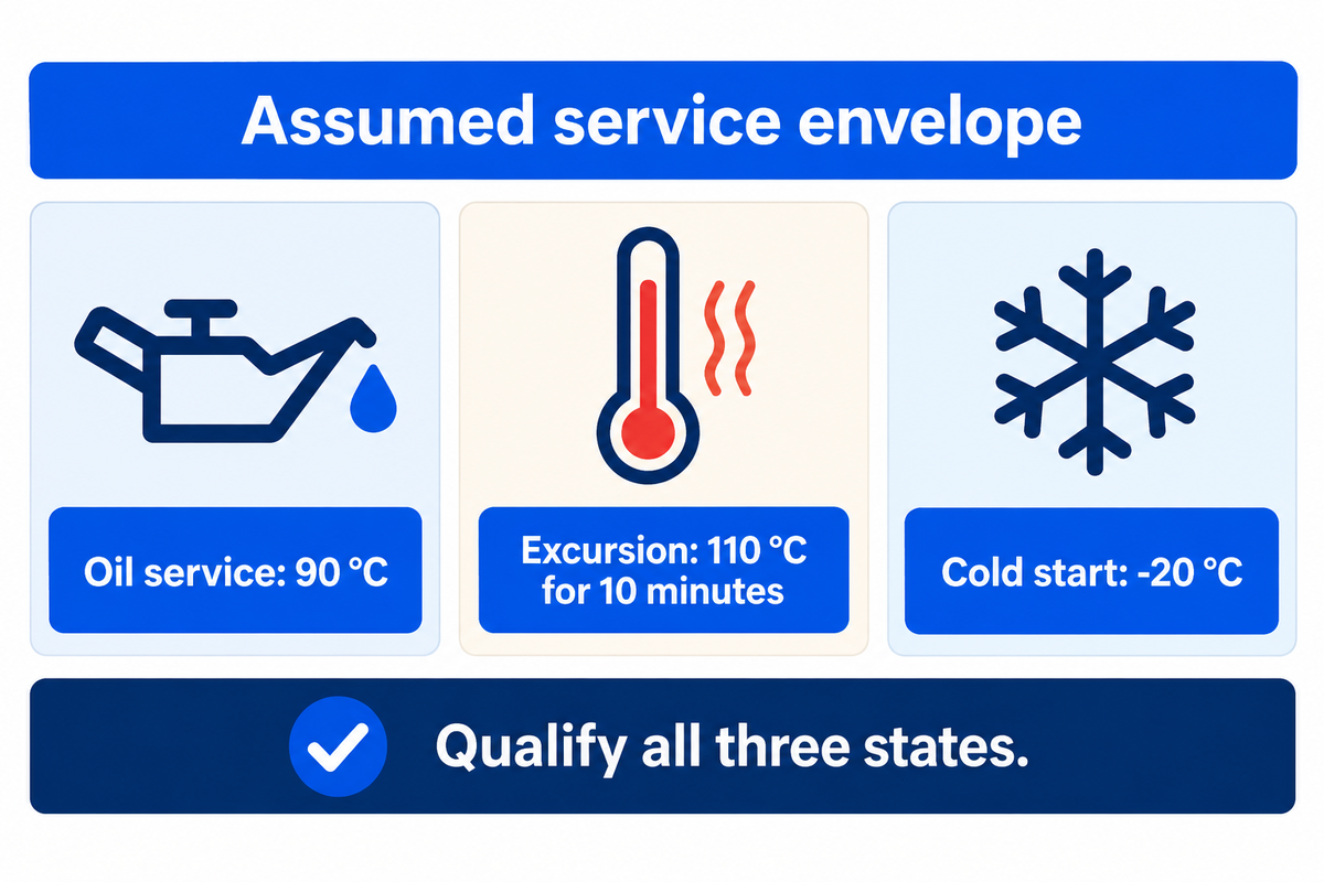 An assumed oil-gasket envelope includes continuous heat, a short excursion and cold-start sealing