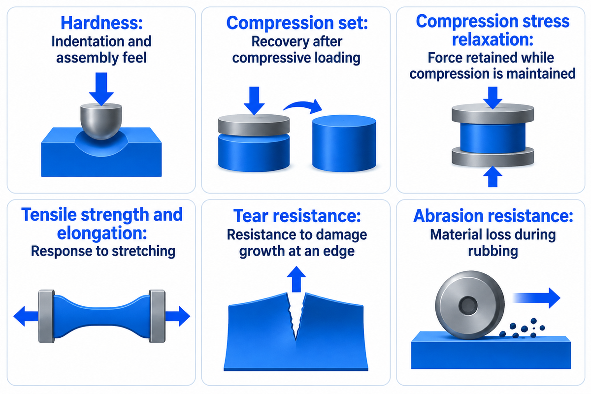 Hardness, compression set, retained force and wear answer different mechanical questions