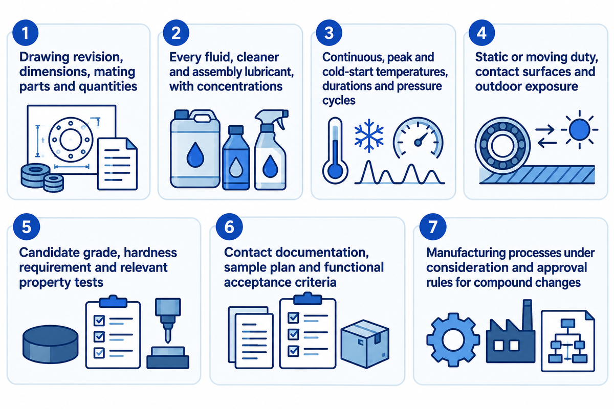 Seven quotation fields connect the drawing, exposure conditions, compound and acceptance requirements