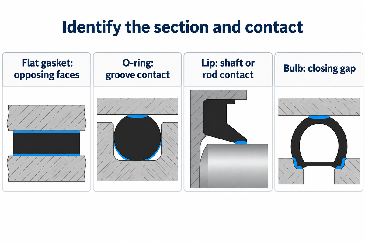 Distinguishes contact across faces, inside a groove, at a shaft and across a closing gap.