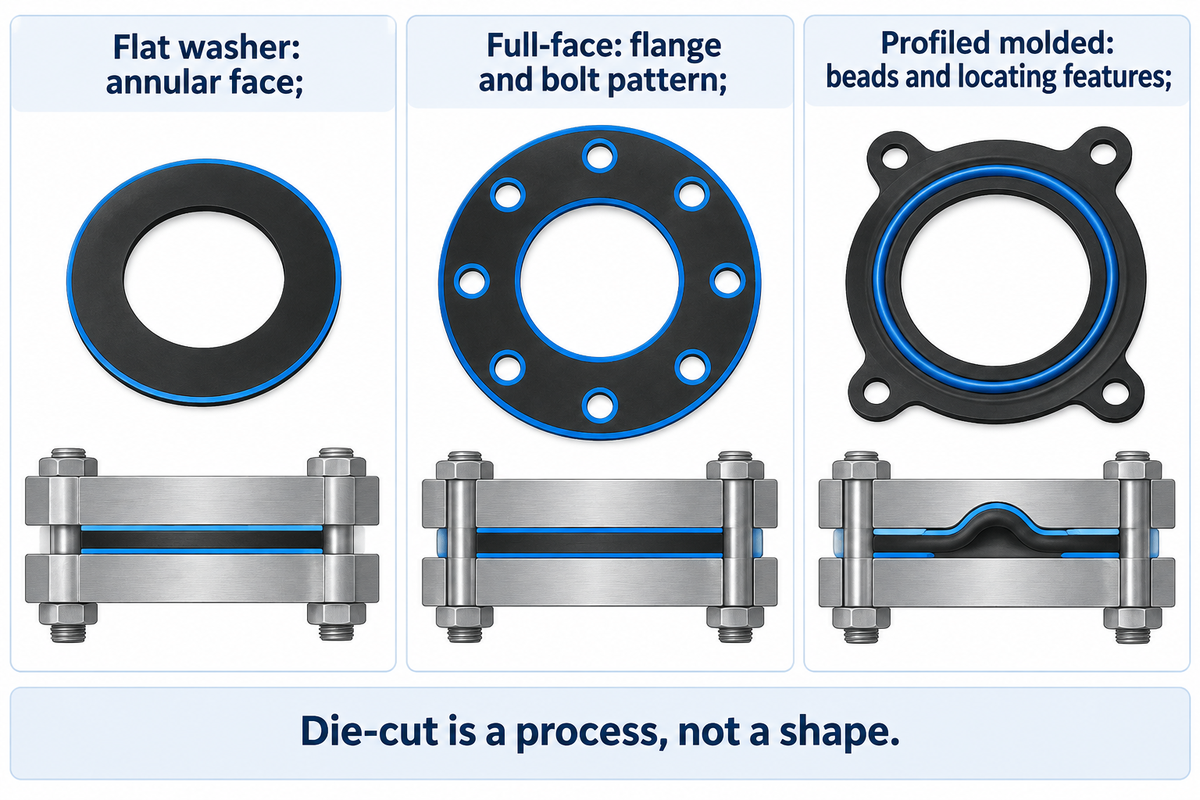 Shows the geometric differences among washer, full-face and profiled molded gaskets.