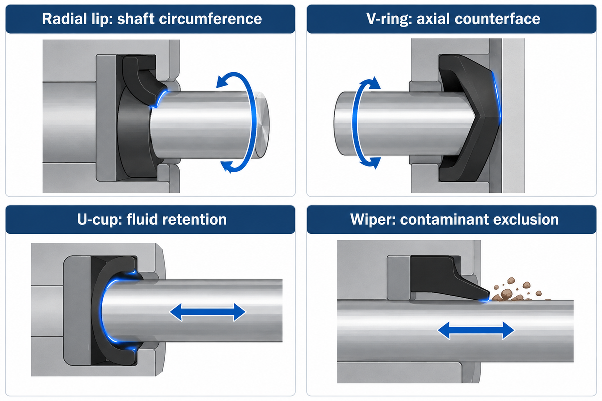 Contrasts radial contact, axial contact, fluid retention and contaminant exclusion.