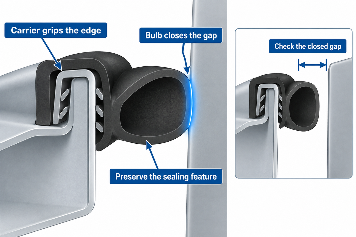 Shows why an edge grip alone cannot replace a carrier with a sealing bulb.