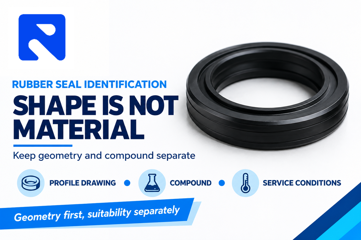 A black rubber ring with separate profile, compound and service-condition specification fields
